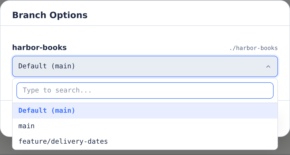 Harbor Books Branch Options with main and feature/delivery-dates choices
