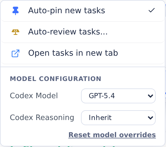 Launcher Settings with Codex model and reasoning-level choices