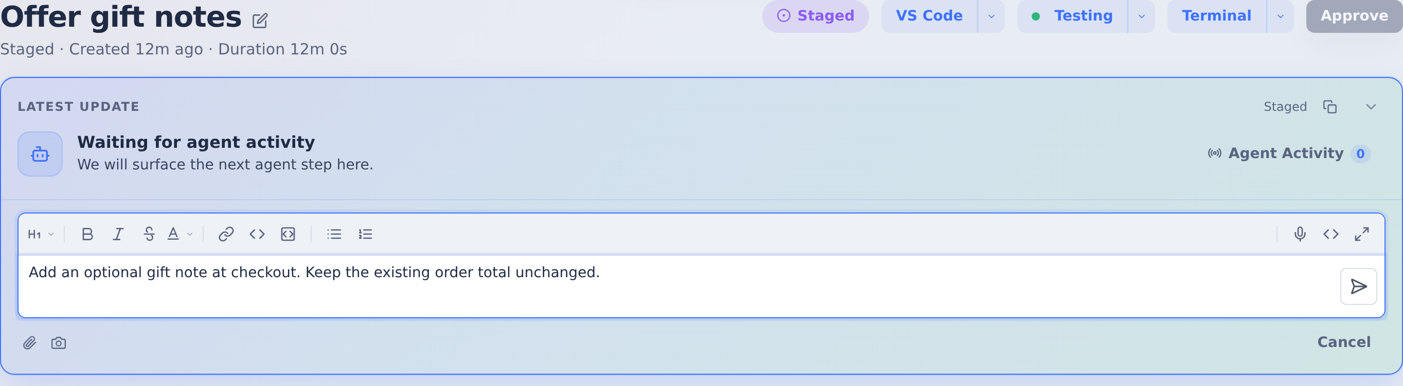 Offer gift notes task marked Staged, with starting instructions and the send control in the reply composer