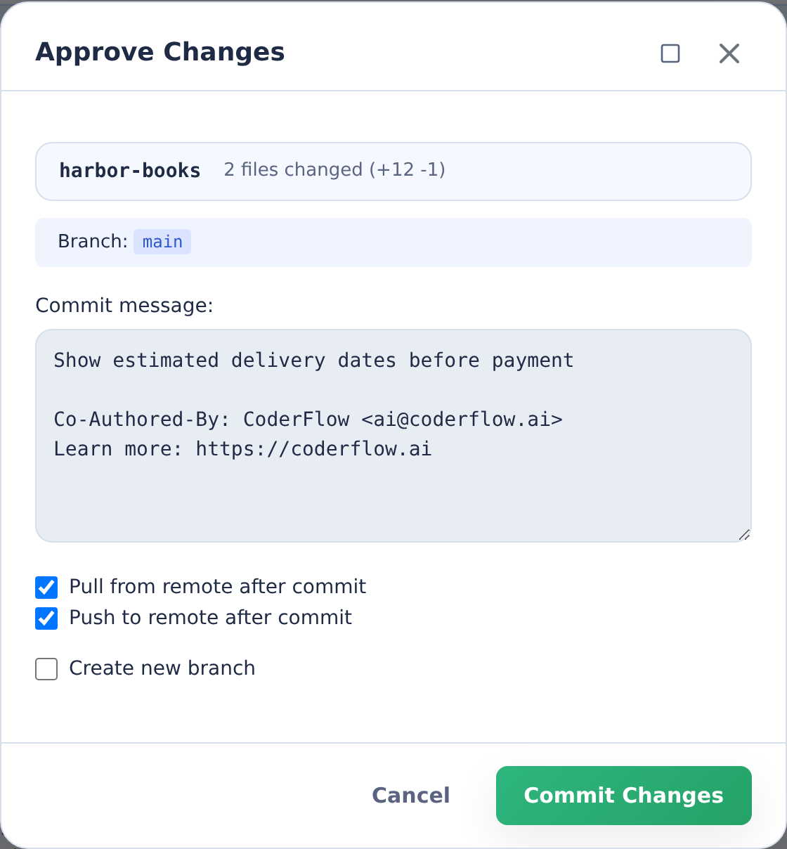 Approve Changes dialog with Harbor Books repository selection, commit message and branch options