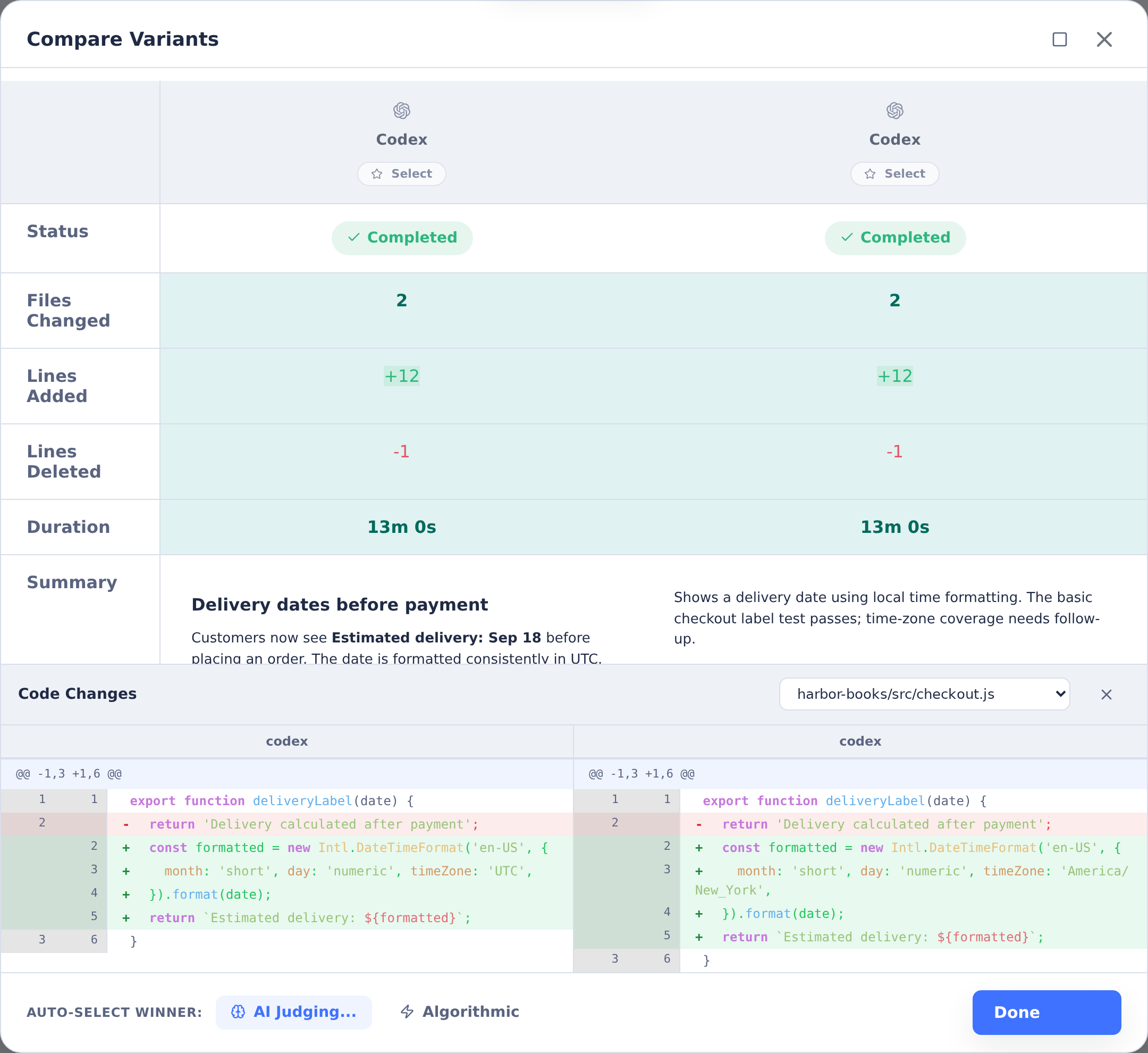 Two completed Harbor Books variants compared with change statistics, selection controls and delivery-label diffs