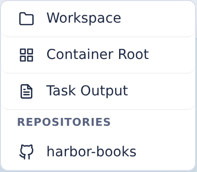 VS Code folder menu with Workspace, Task Output, Container Root and the Harbor Books repository