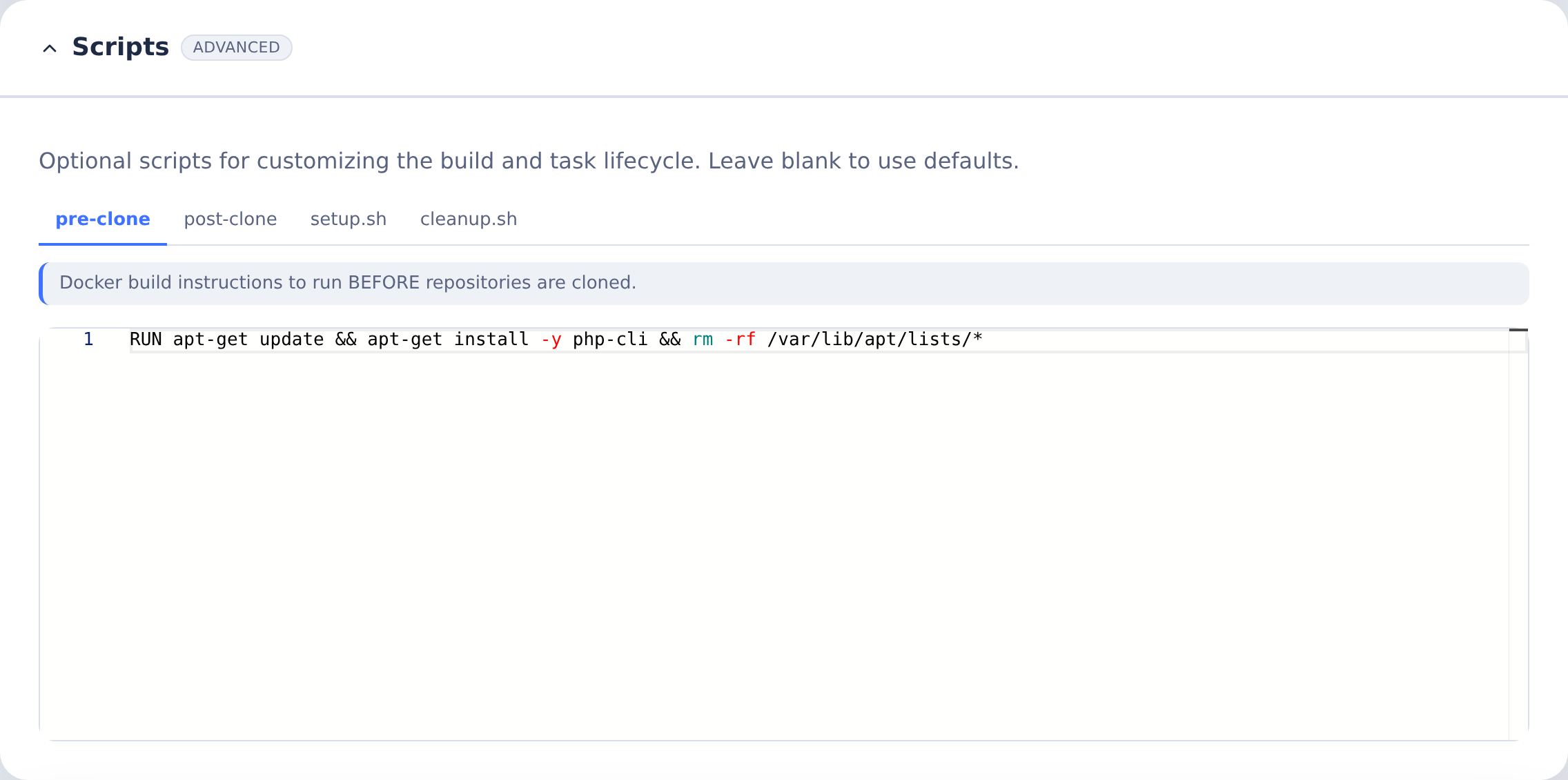 Build Scripts expanded on pre-clone with a PHP installation hook and the four script tabs