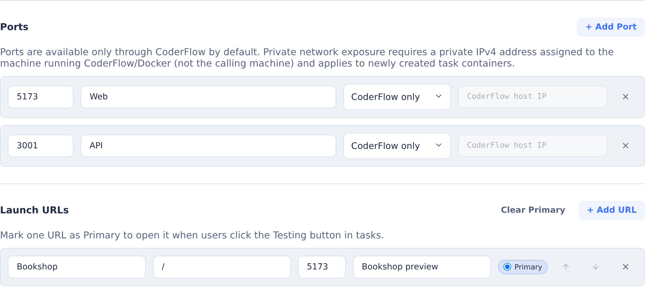 Ports 5173 for Web and 3001 for API, with Bookshop as the primary launch URL on port 5173