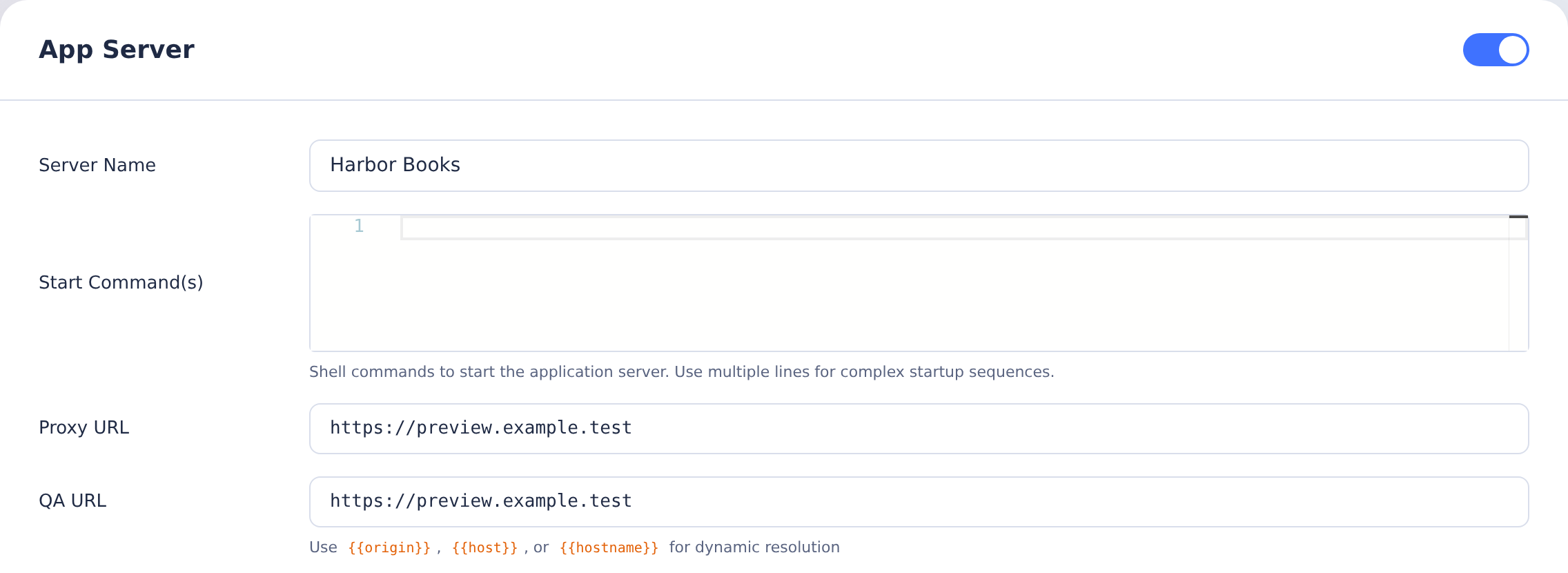 App Server proxy configuration points to an existing preview server with no local start command