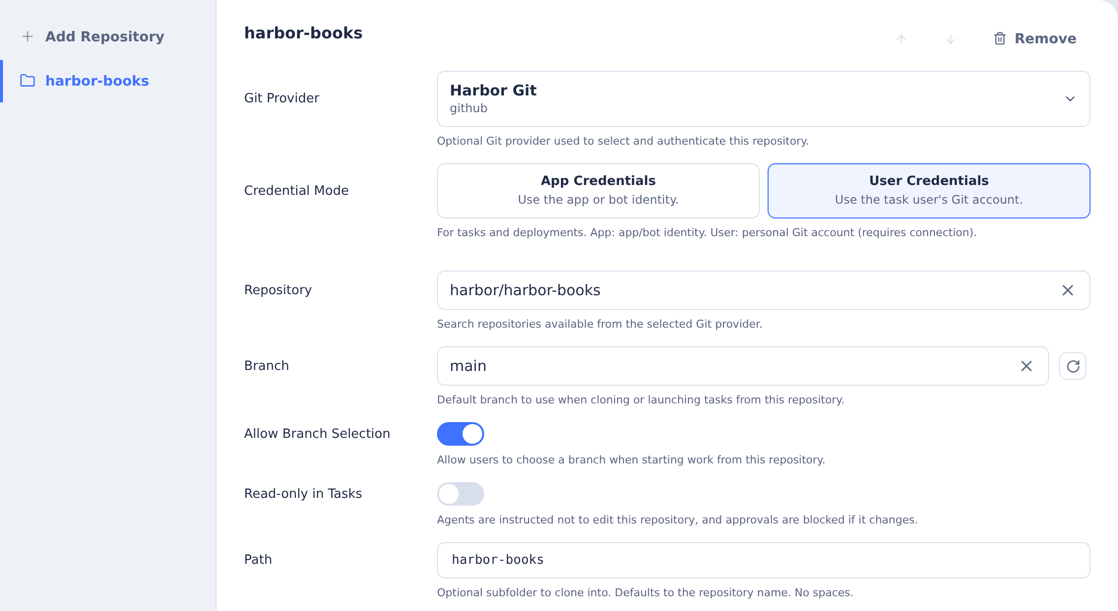 Harbor Books repository editor with Git provider, main branch, branch selection and workspace path