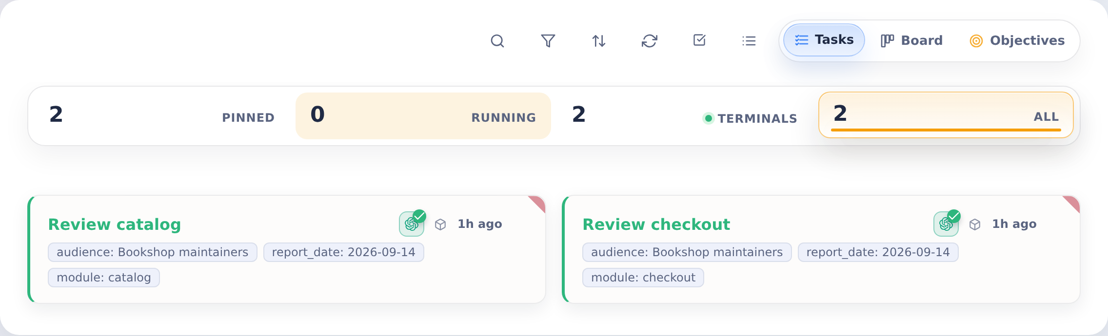 Tasks view with separate completed Catalog and Checkout reviews from the same template