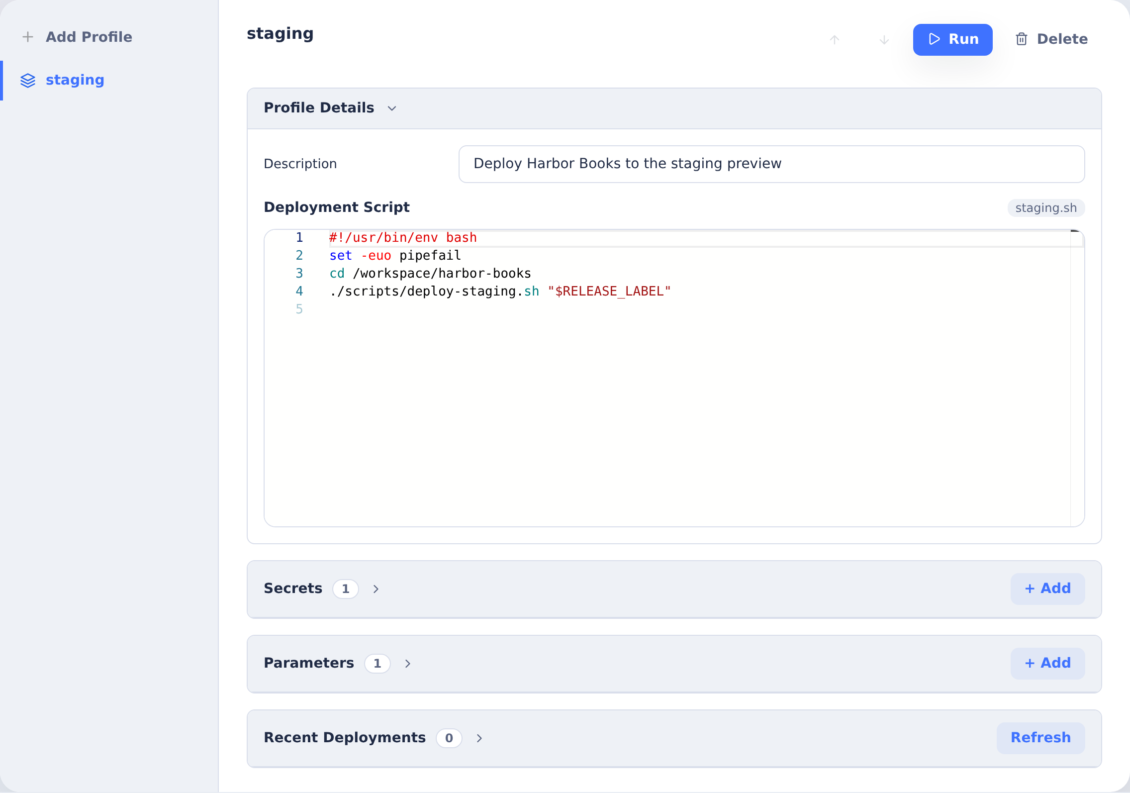 Environment Deploy tab with staging profile selected and its shell script editor