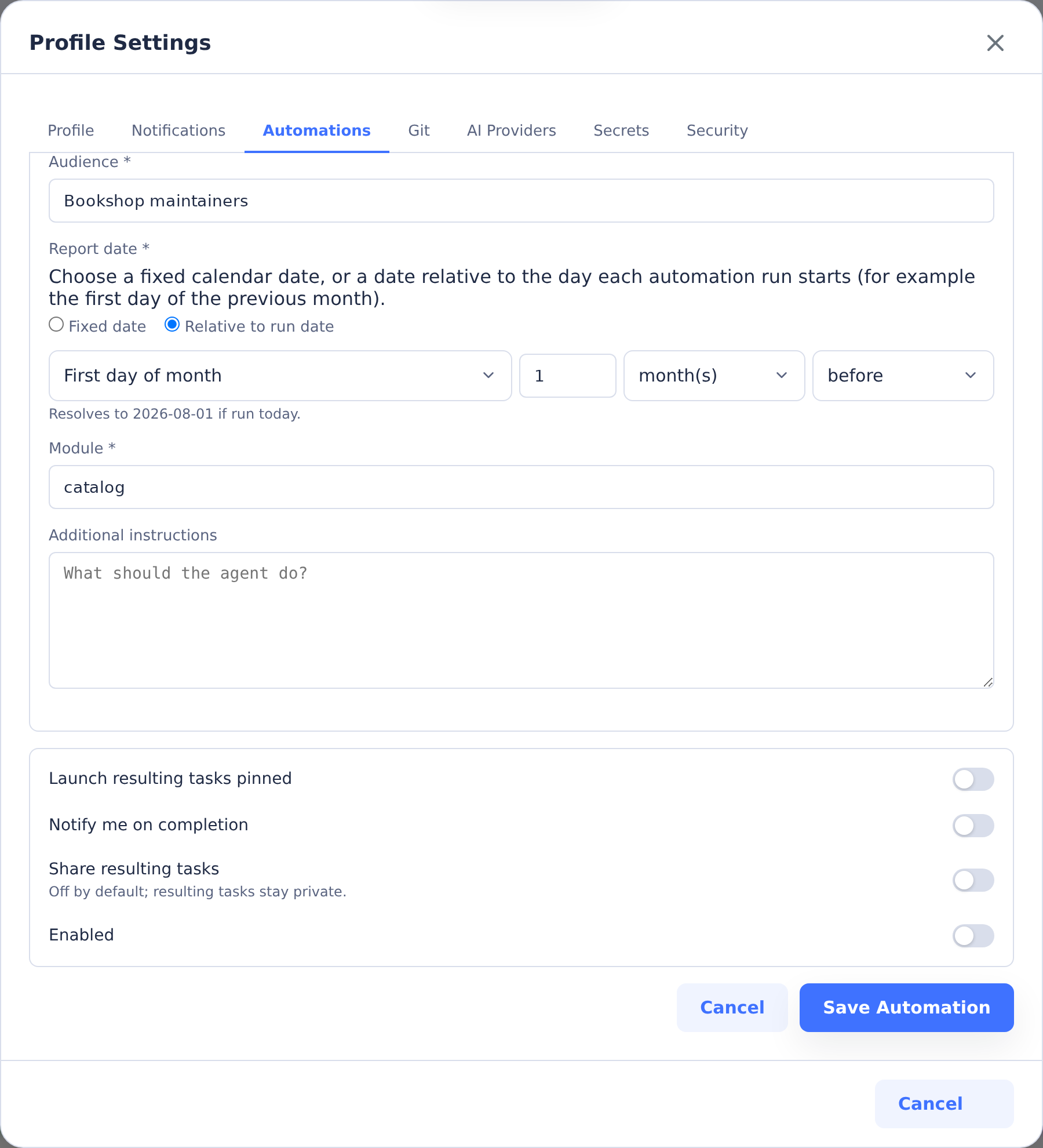 Personal automation task-template parameters, private sharing and disabled Enabled toggle