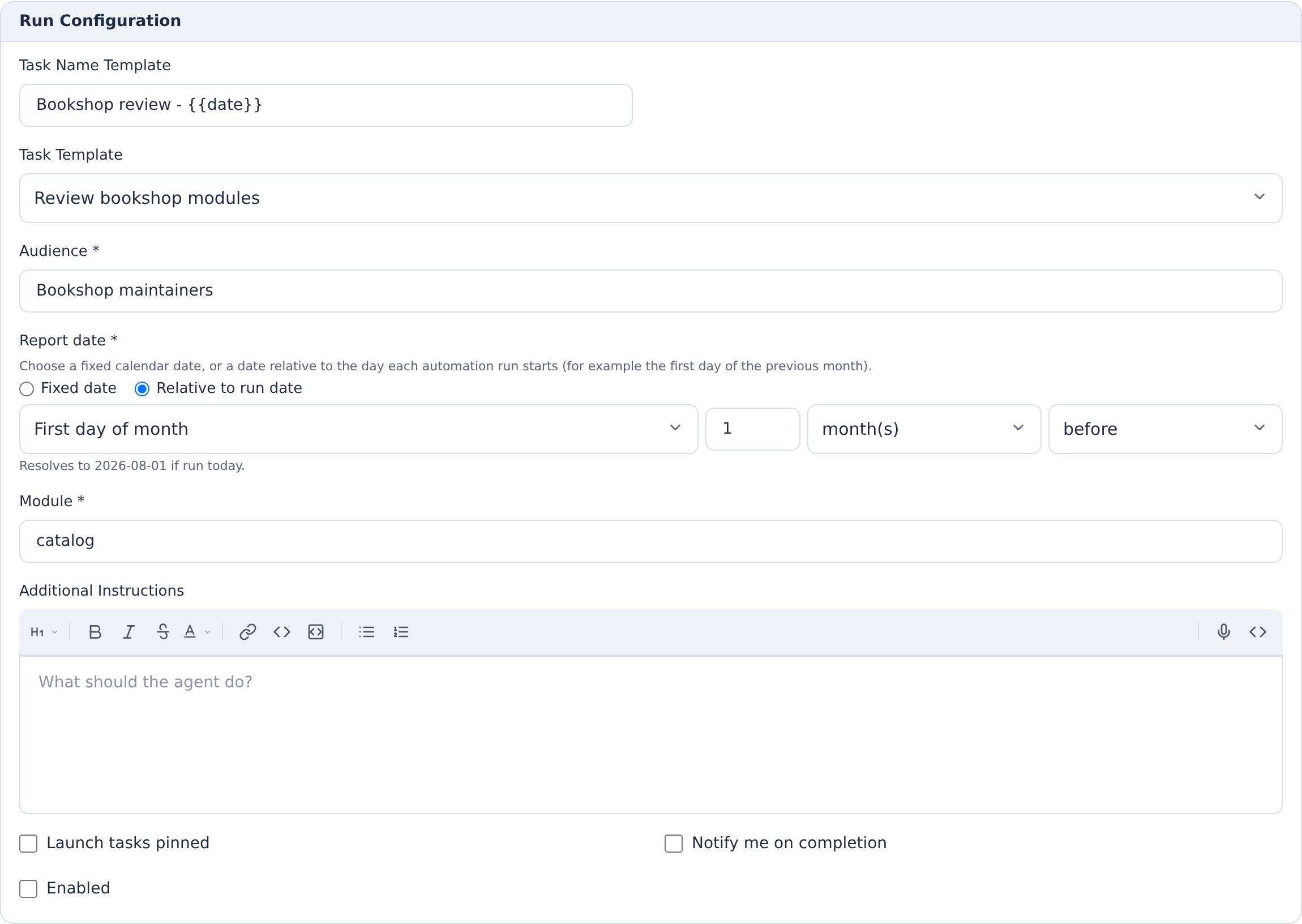 Task-template automation with a relative report date preview of 2026-08-01 and Enabled off