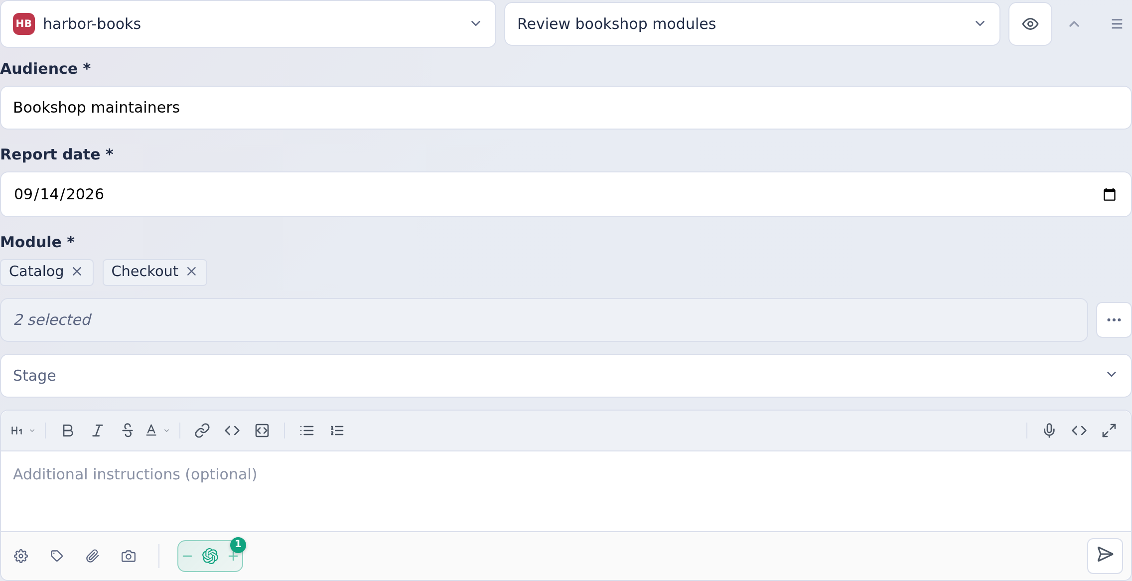 Template launcher with Audience, Report date and two selected modules