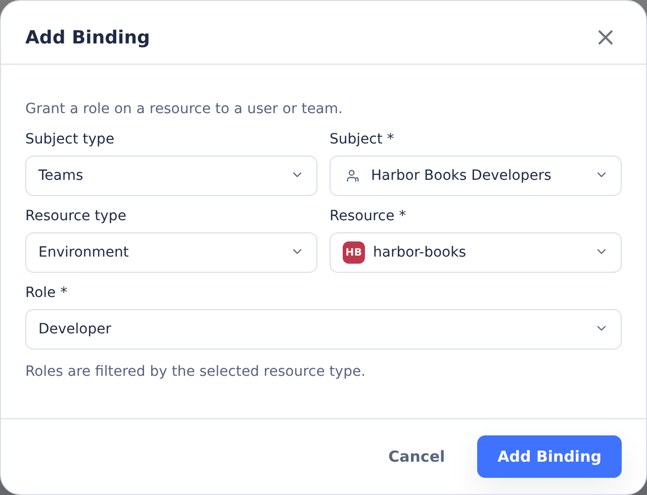 Add Binding editor assigning the Harbor Books Developers team the Developer role on harbor-books