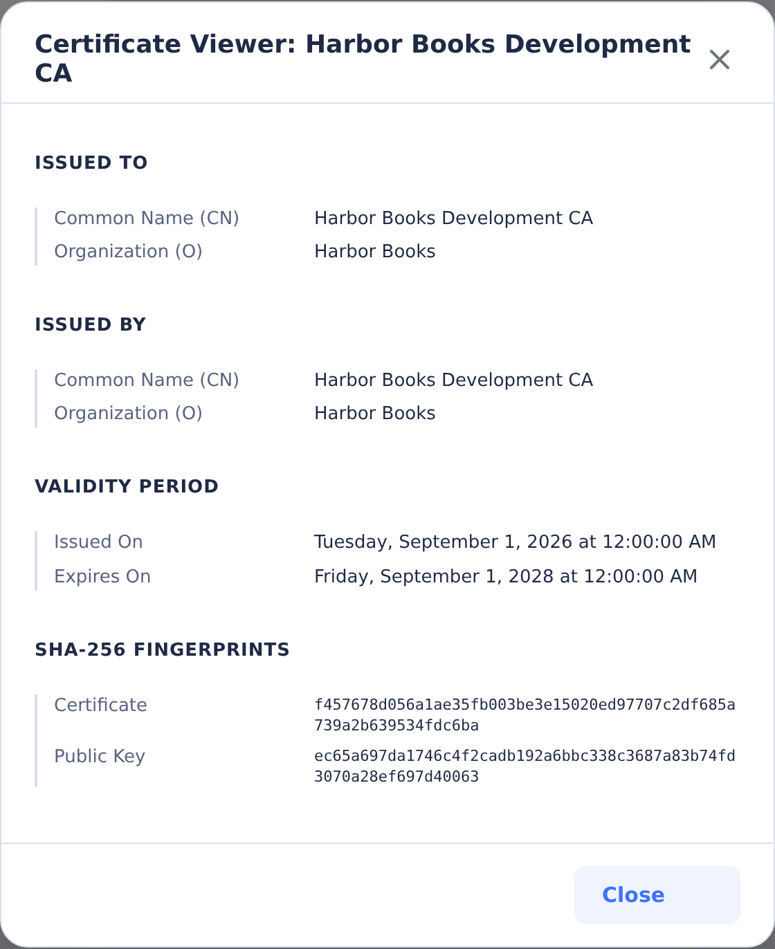 Development CA certificate details showing subject, issuer and validity dates