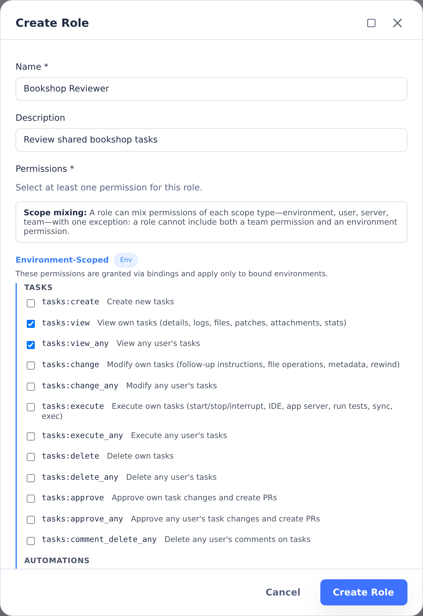 Create Role dialog with Bookshop Reviewer and environment-scoped task permission choices