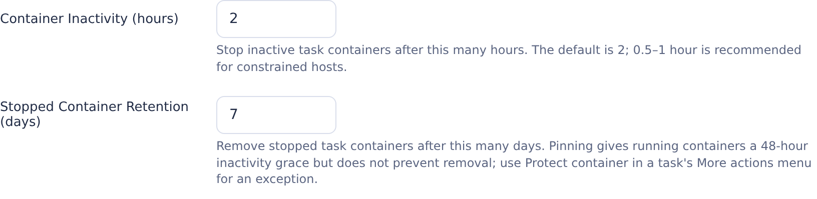 General Settings showing two-hour container inactivity and seven-day stopped-container retention