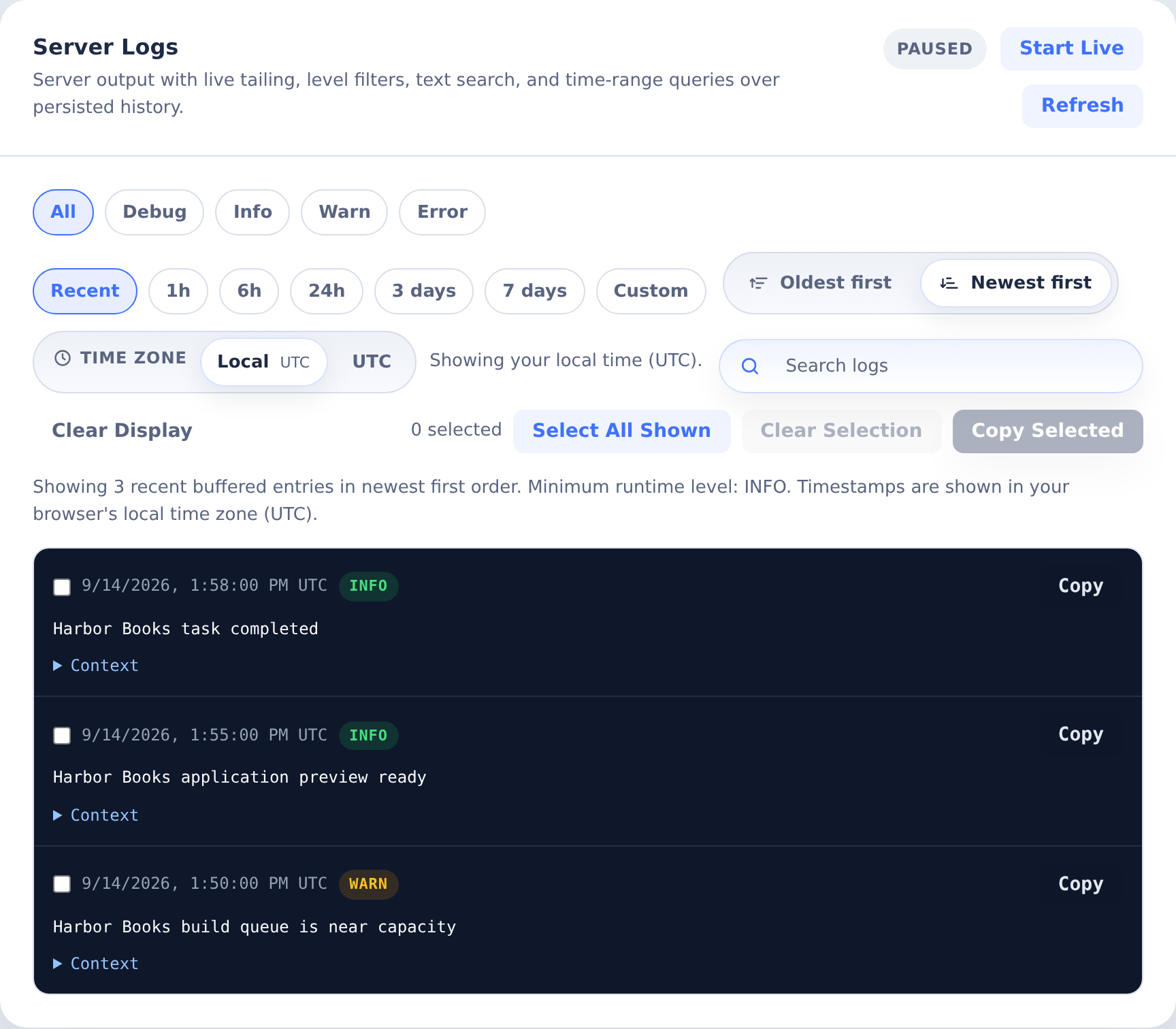 Server Logs with time-range, level and search filters and three sanitized Harbor Books entries