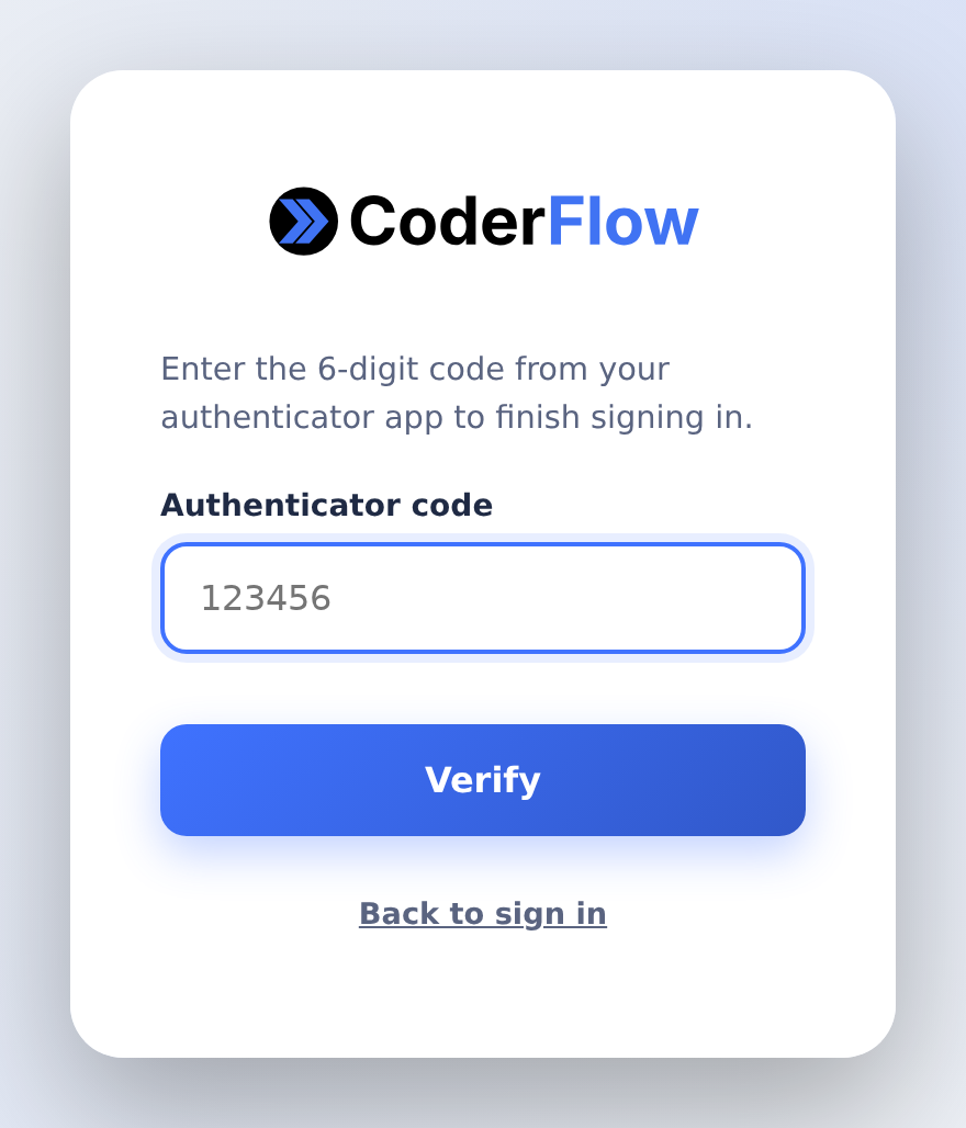 CoderFlow two-step verification challenge with an empty authenticator code field