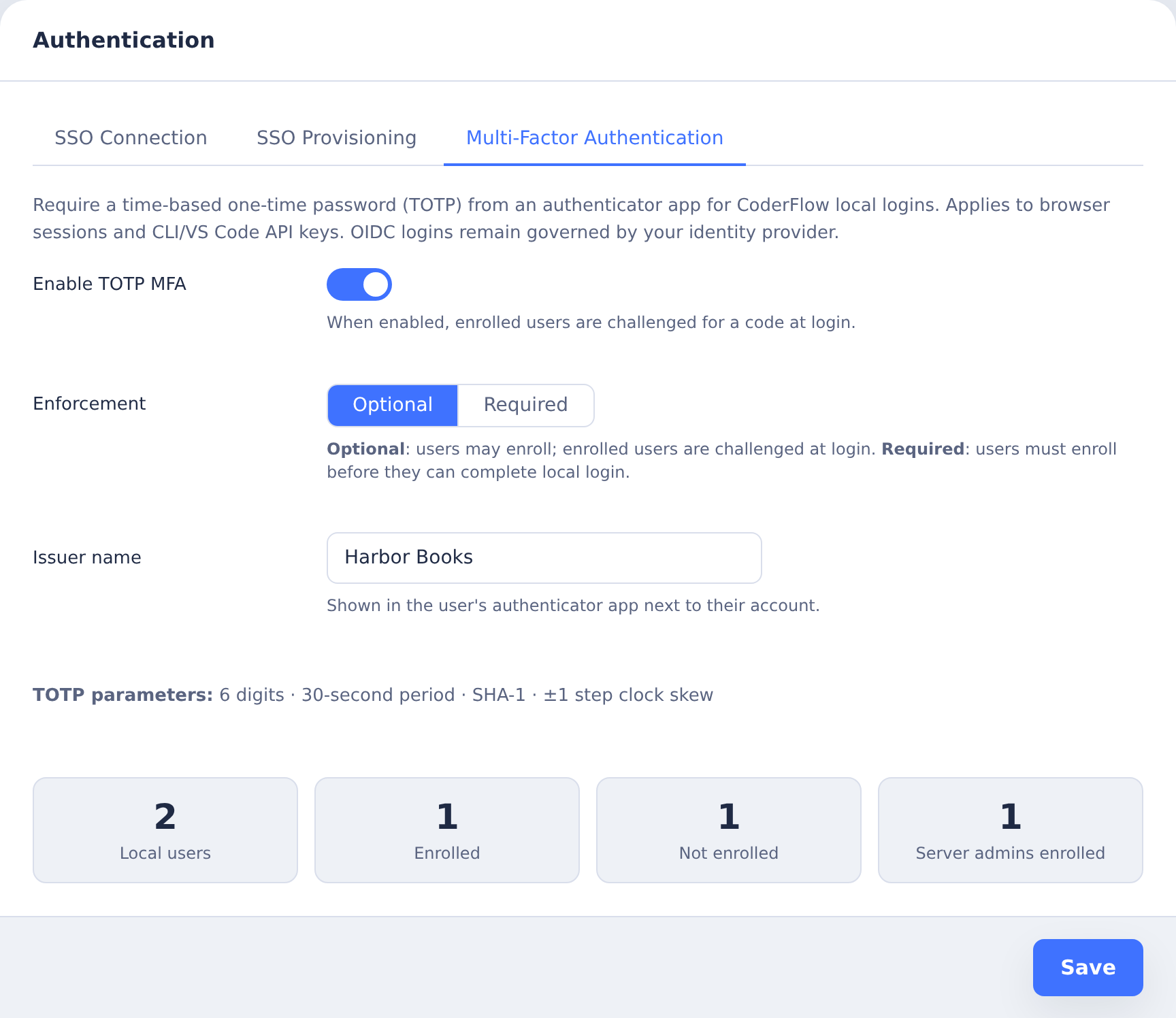 Authentication MFA policy showing Optional and Required enforcement choices and enrollment counts