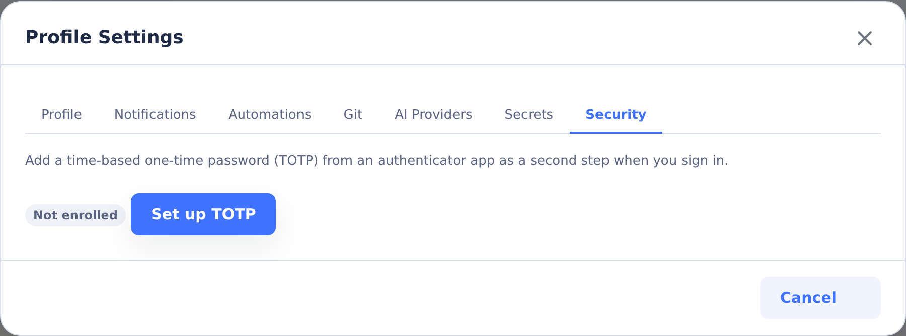 Developer Profile Settings Security tab with the Set up TOTP enrollment entry point