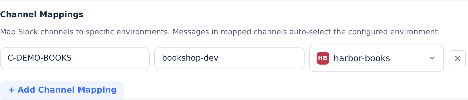 Slack channel mapping from bookshop-dev to the harbor-books environment