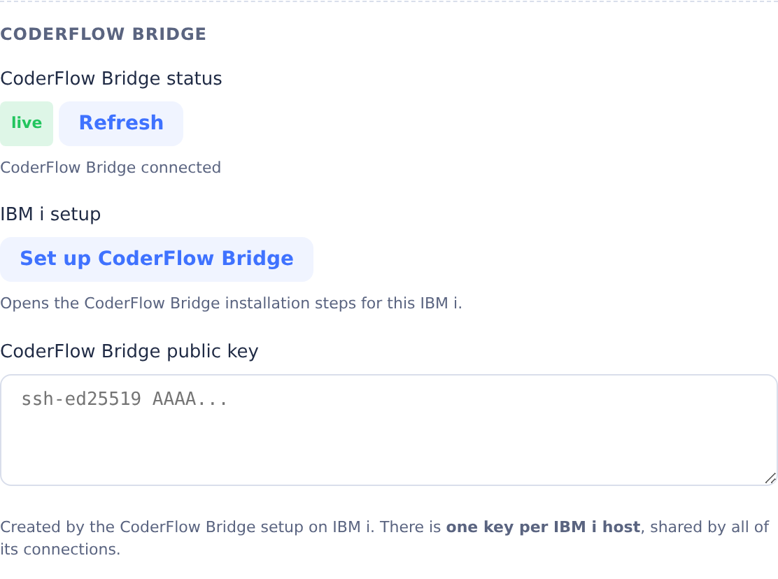 CoderFlow Bridge with live status first, setup controls and an empty public key field