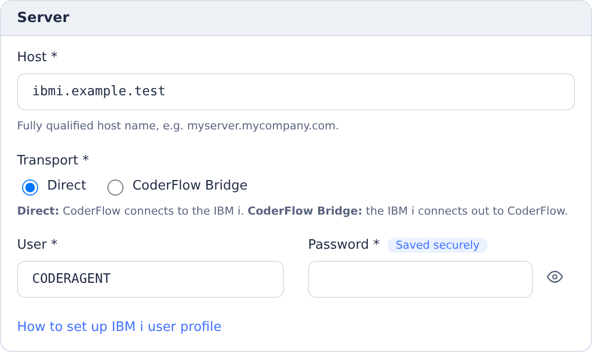 IBM i connection host and Direct or CoderFlow Bridge transport choices