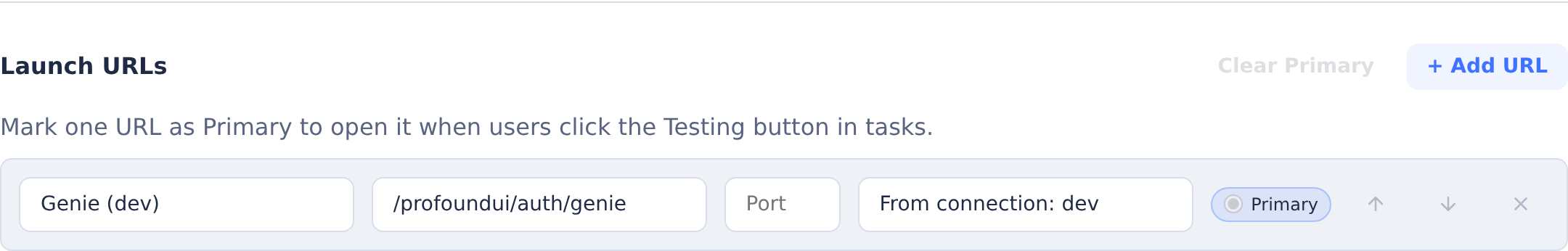 Connection-generated Genie (dev) launch URL in the Application Server settings