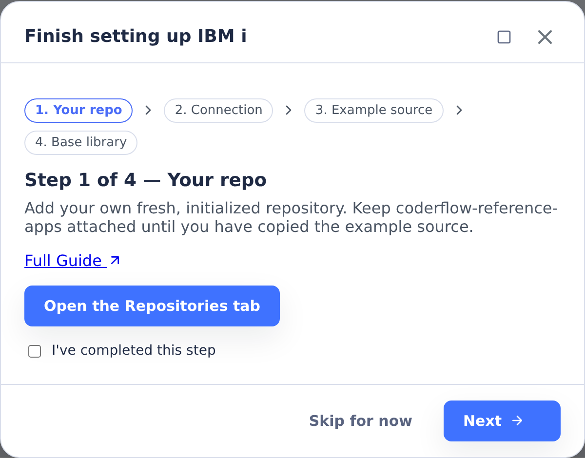 IBM i reference-app setup wizard showing Your repo, Connection, Example source and Base library steps