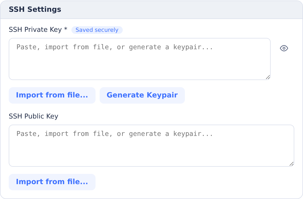 SSH Settings with empty private and public key fields and import or generate controls