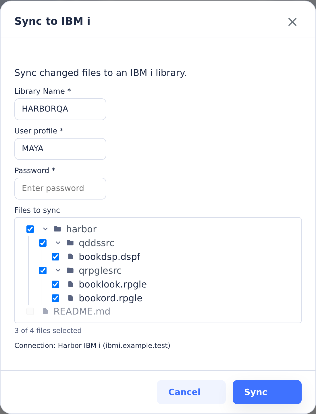 Sync to IBM i dialog targeting HARBORQA with source members selected, README disabled and an empty password field