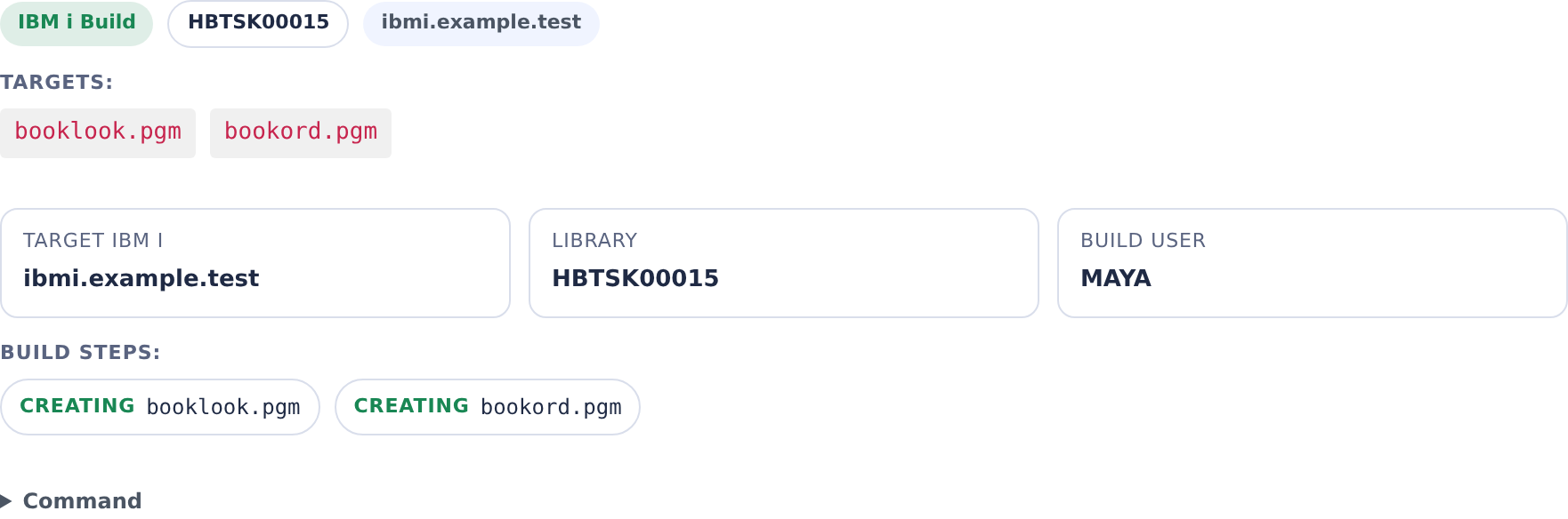 Expanded IBM i Build activity identifying HBTSK00015 as the target library for Harbor Books programs