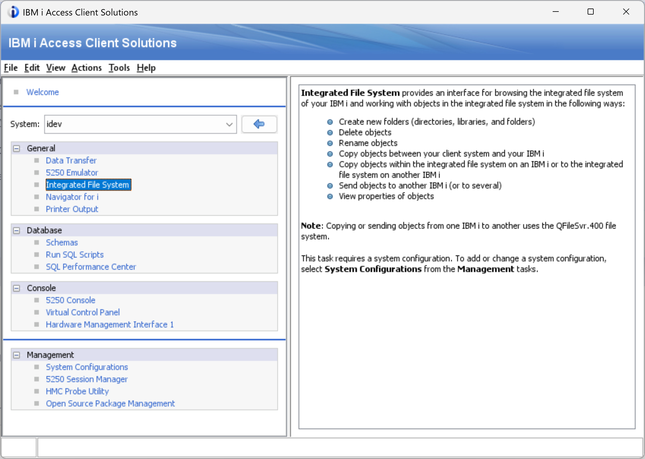 ACS main window with Integrated File System selected under General